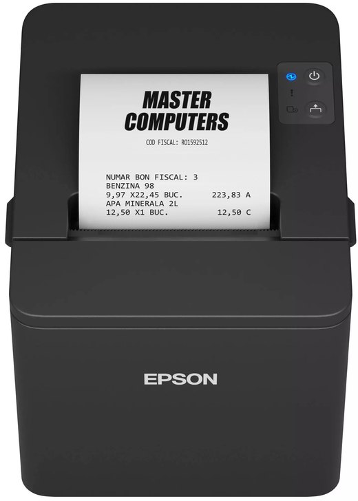 Imprimantă fiscală Epson TM-T20IV, din față, cu bon fiscal Master Computers tipărit